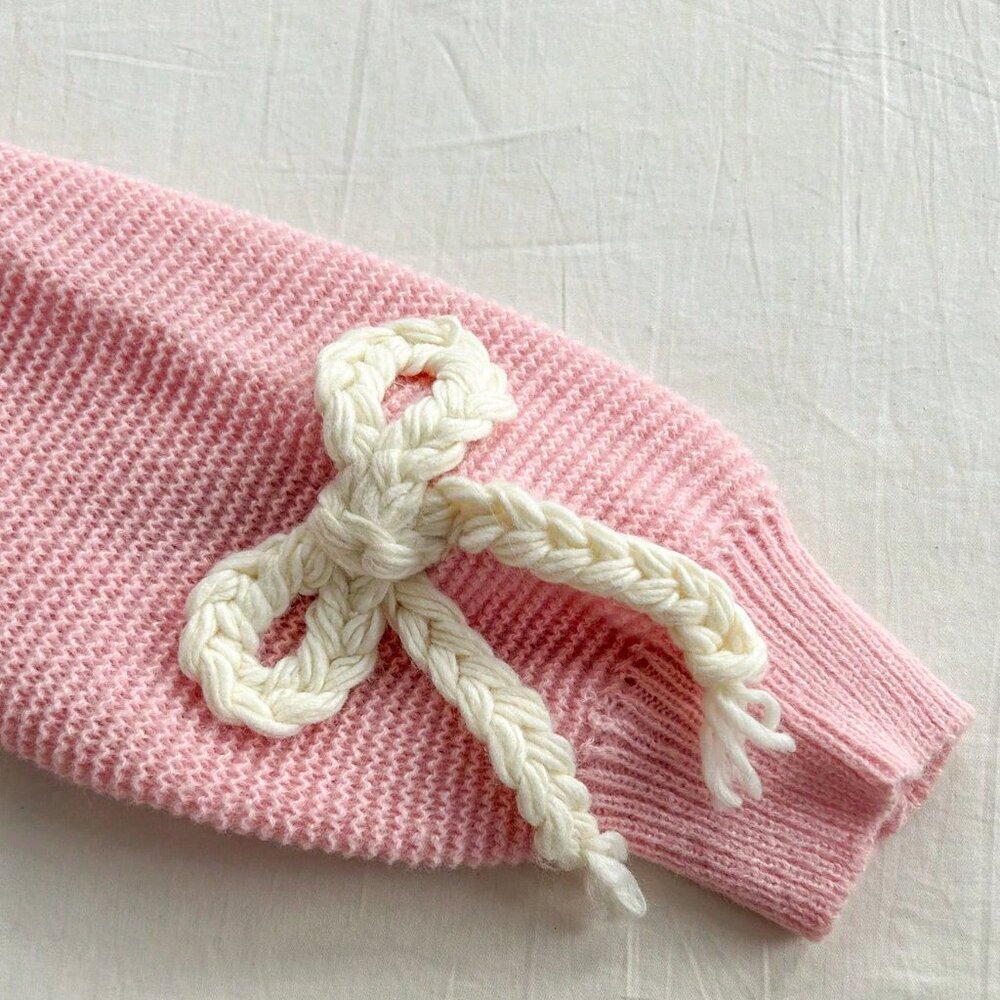 Pink Casual Women's Round Neck Chest Tie Bow Design Long-Sleeved Knit Pullover - Picture 3 of 3